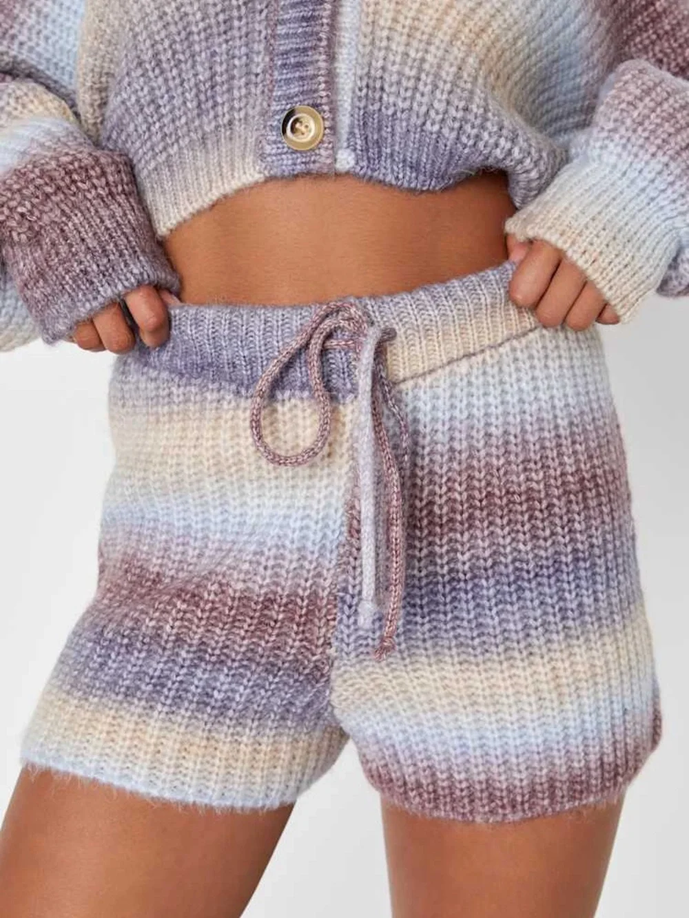 LULU’S  Sincerely Snuggly Purple Multi Striped Knit Shorts